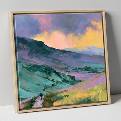 Fell Walker in Pastel Fells lake district walking canvas wall art in natural frame