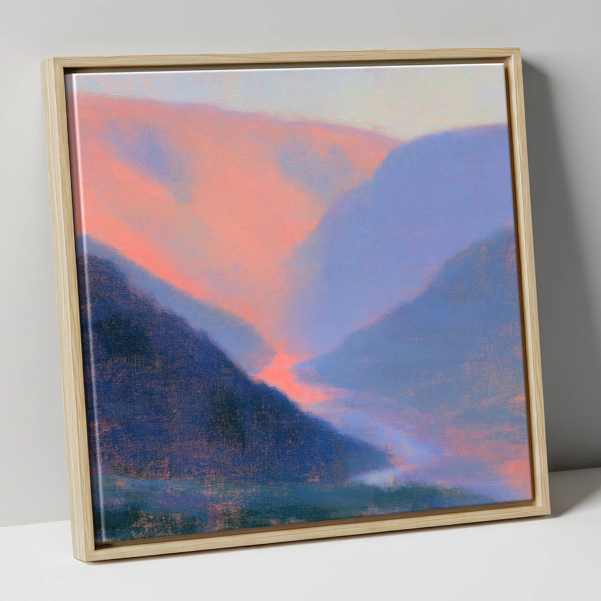 Winding River in Peach Twilight lake district waterfall canvas wall art in natural frame