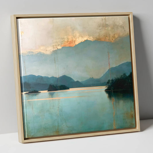 Golden Cloud Break at Derwentwater lake district lake canvas wall art in natural frame