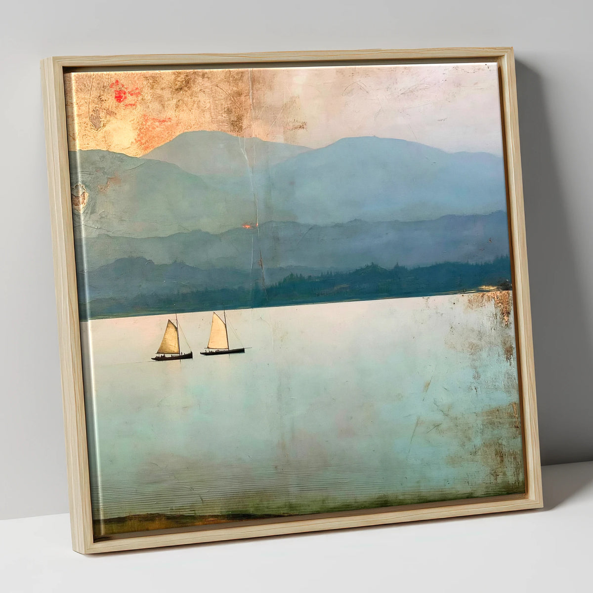 Windermere Sailboats Beneath Ochre Skies lake district lake canvas wall art in natural frame