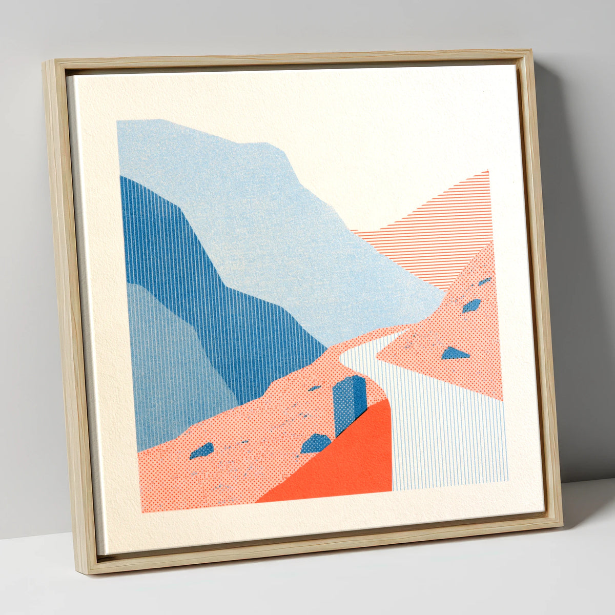 Hardknott Pass in Coral and Blue lake district valley canvas wall art in natural frame