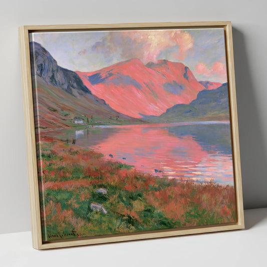 Mountain Lake with Pink Sunset lake district lake canvas wall art in natural frame
