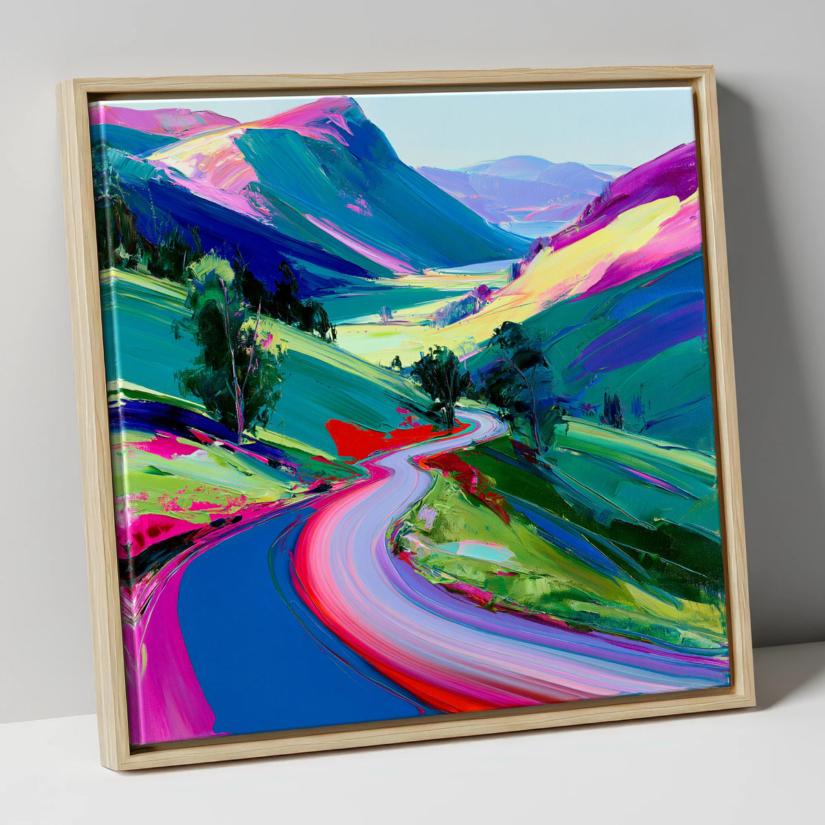 Vibrant Winding Mountain Pass lake district valley canvas wall art in natural frame