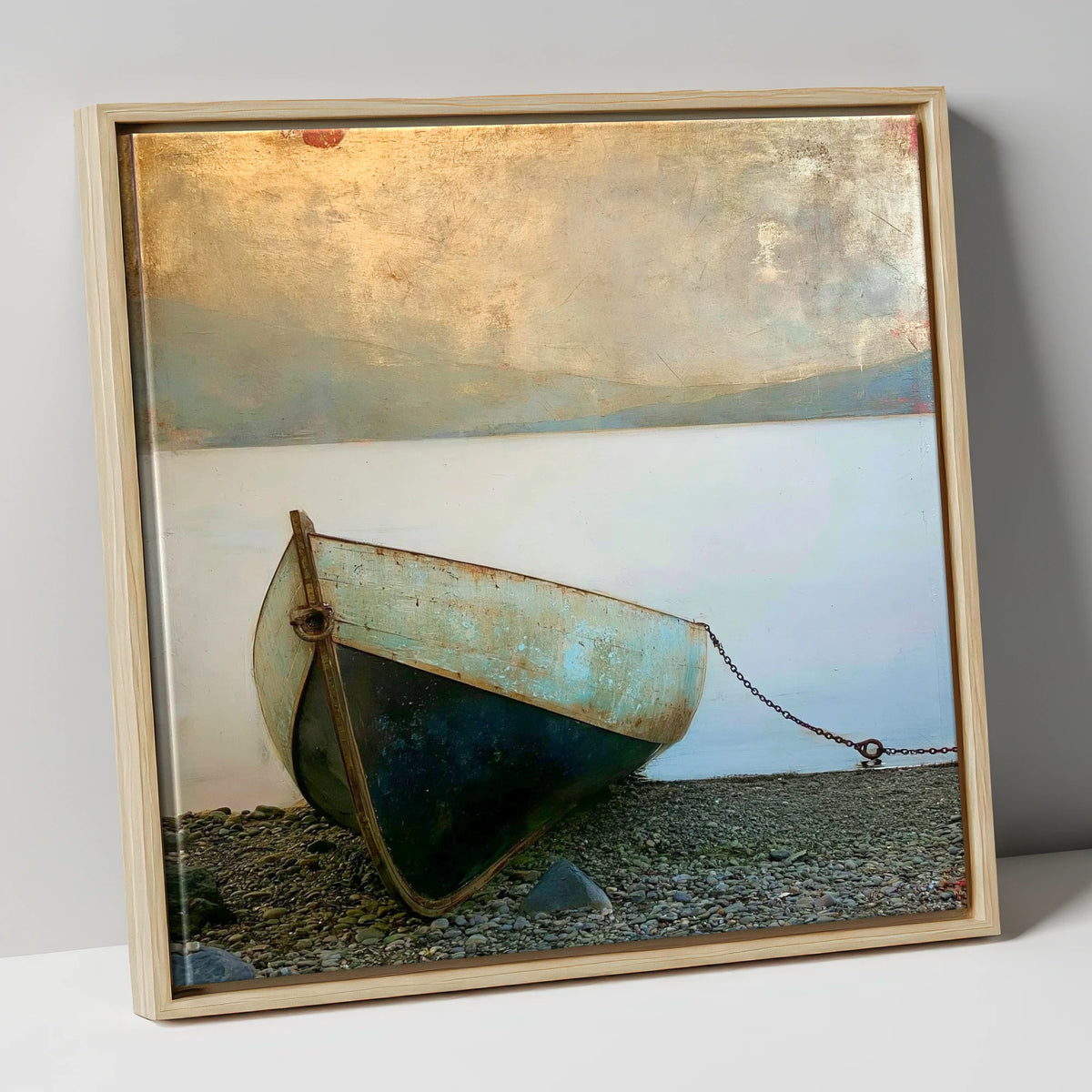 Grounded Teal Boat on Windermere lake district lake canvas wall art in natural frame