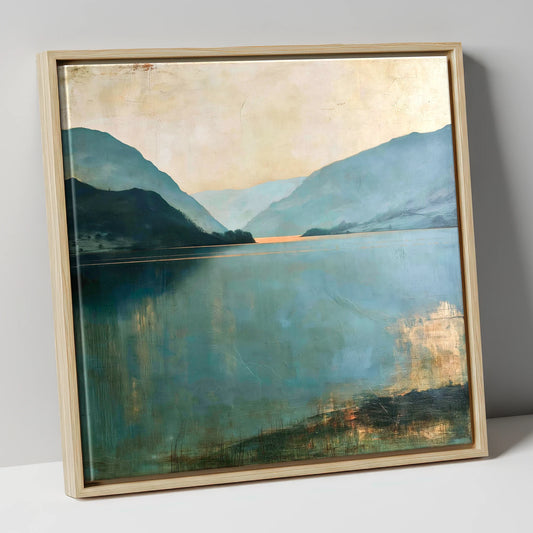 Ullswater Fells in Teal and Gold lake district lake canvas wall art in natural frame