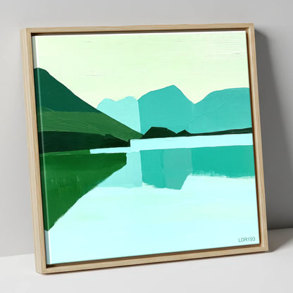 Loweswater Reflections in Bold Teal lake district lake canvas wall art in natural frame