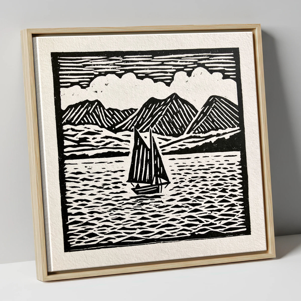 Monochrome Sailing Boat on Windermere lake district lake canvas wall art in natural frame