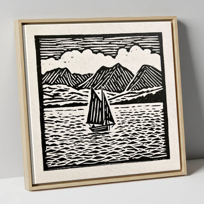 Monochrome Sailing Boat on Windermere lake district lake canvas wall art in natural frame