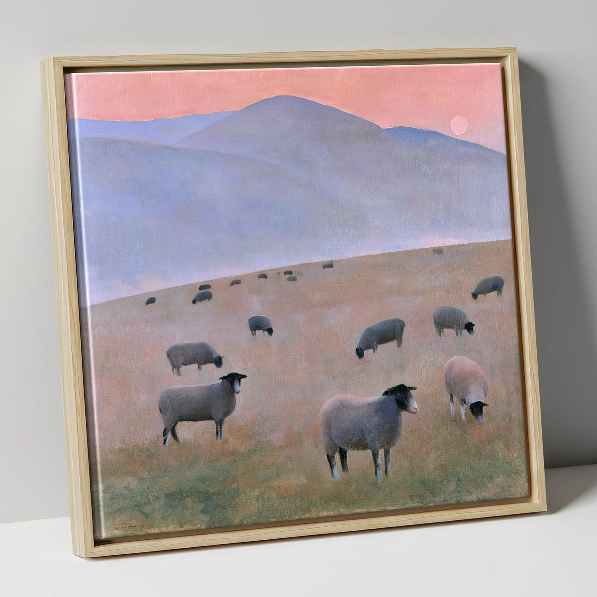 Herdwick Sheep on Pastel Fells lake district wildlife canvas wall art in natural frame