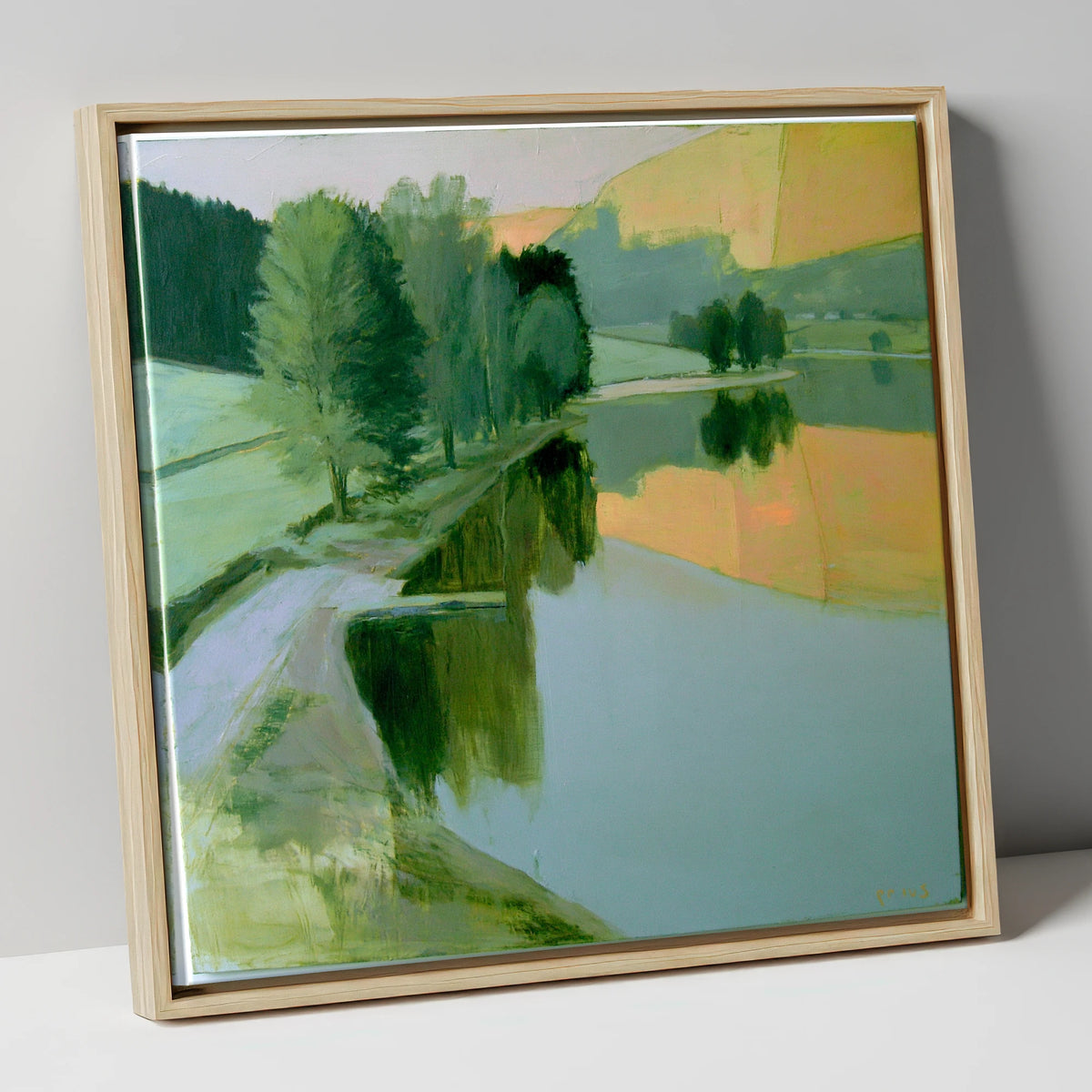 Still Lake in Apricot Dawn lake district lake canvas wall art in natural frame