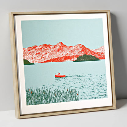 Derwentwater Fells in Vivid Red lake district lake canvas wall art in natural frame