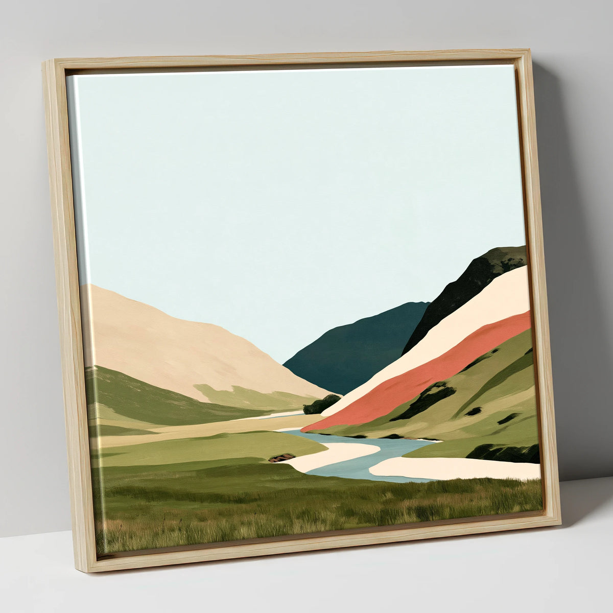 Winding River and Terracotta Fells lake district waterfall canvas wall art in natural frame