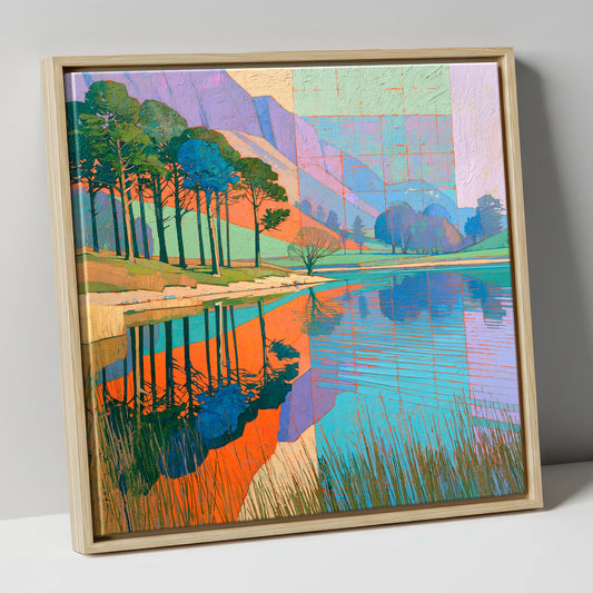 Bold Pine Tree Reflections lake district lake canvas wall art in natural frame