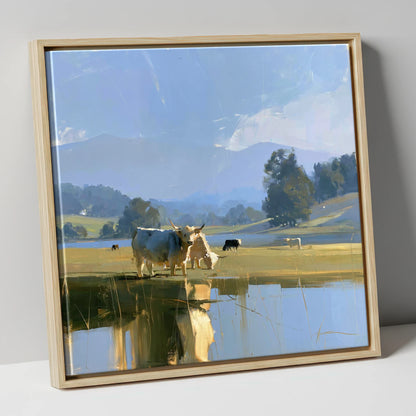 Highland Cattle Lakeshore Reflections lake district wildlife canvas wall art in natural frame