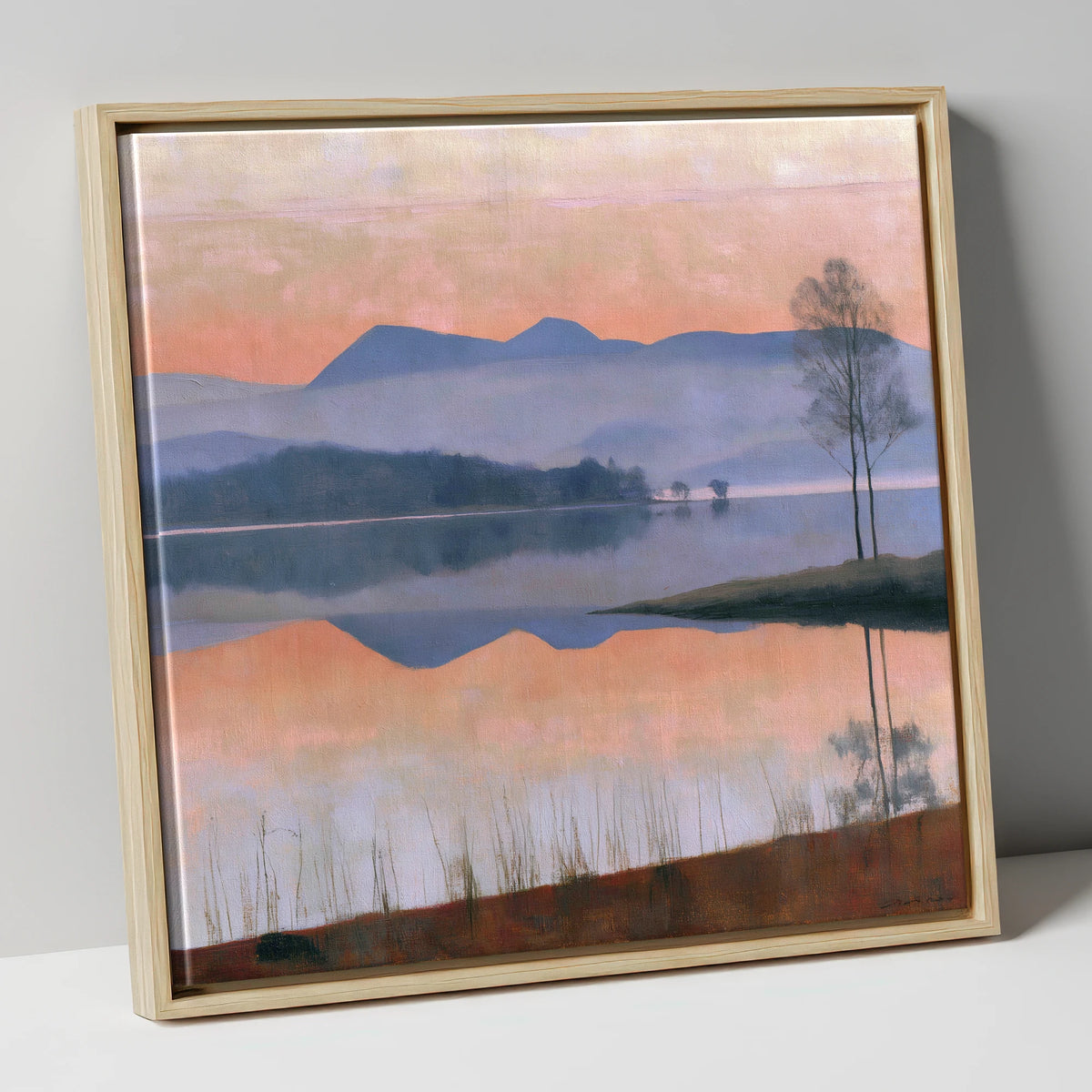 Still Lake at Pastel Dawn lake district lake canvas wall art in natural frame