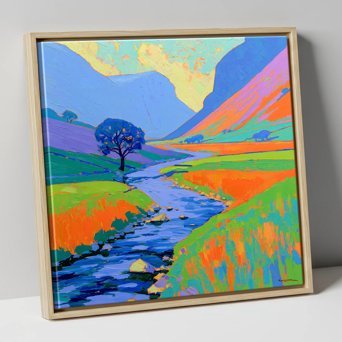 Vivid River In The Valley lake district waterfall canvas wall art in natural frame