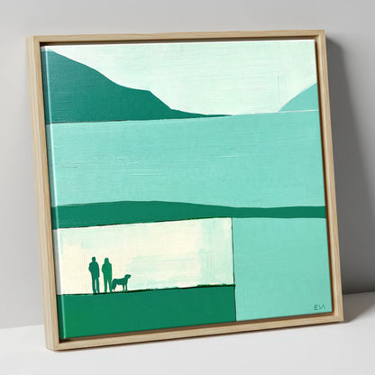 Glenridding Dog Walkers in Teal gifts for dog walkers canvas wall art in natural frame