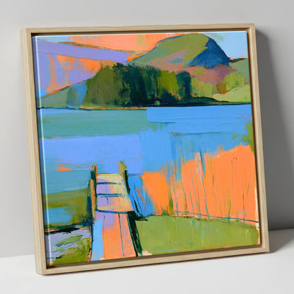 Vibrant Grasmere Wooden Jetty lake district lake canvas wall art in natural frame