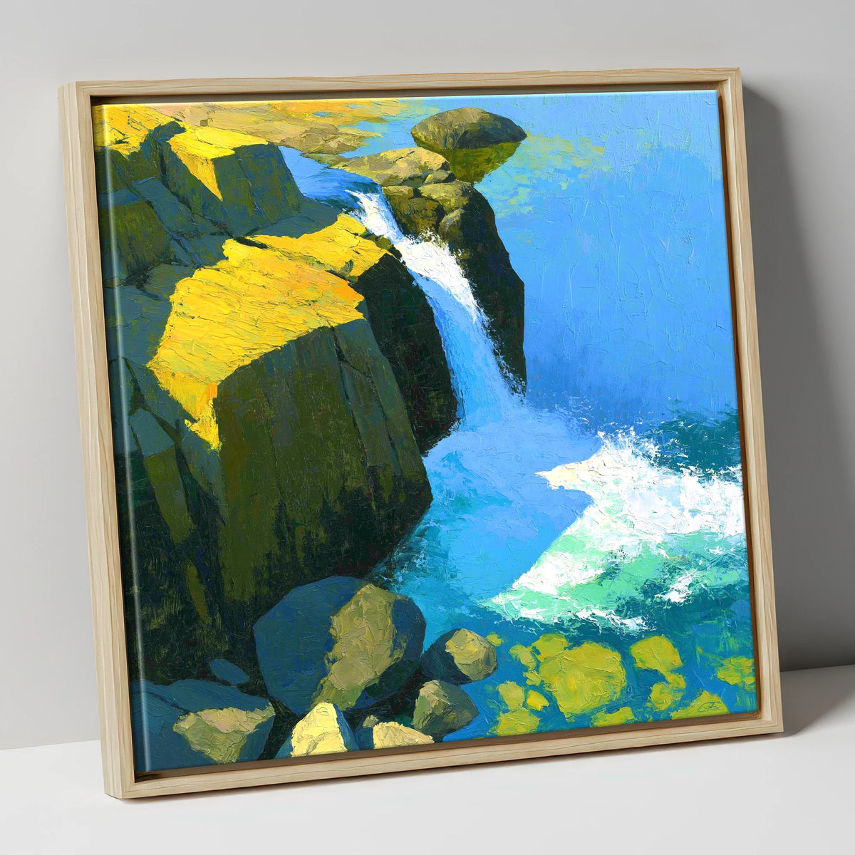 Sunlit Cascade over High Fell Rocks lake district waterfall canvas wall art in natural frame