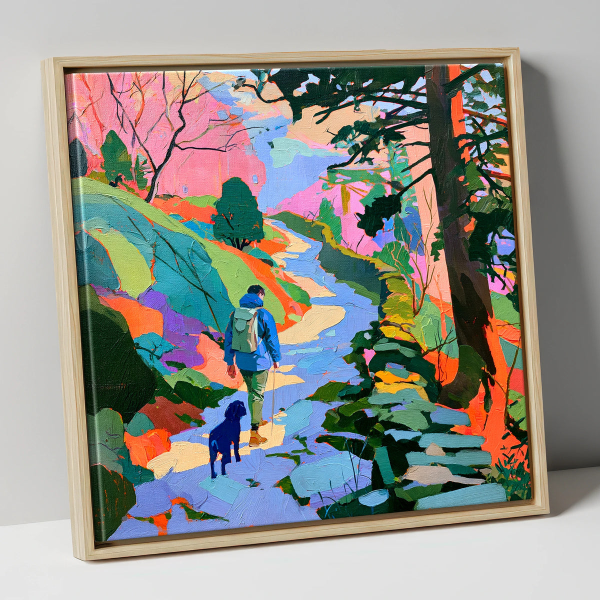 Colourful Hawkshead Dog Walk gifts for dog walkers canvas wall art in natural frame