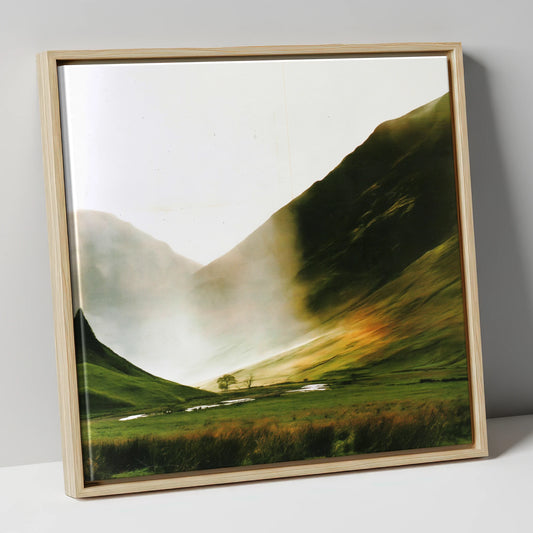 Misty Valley in Golden Light lake district valley canvas wall art in natural frame