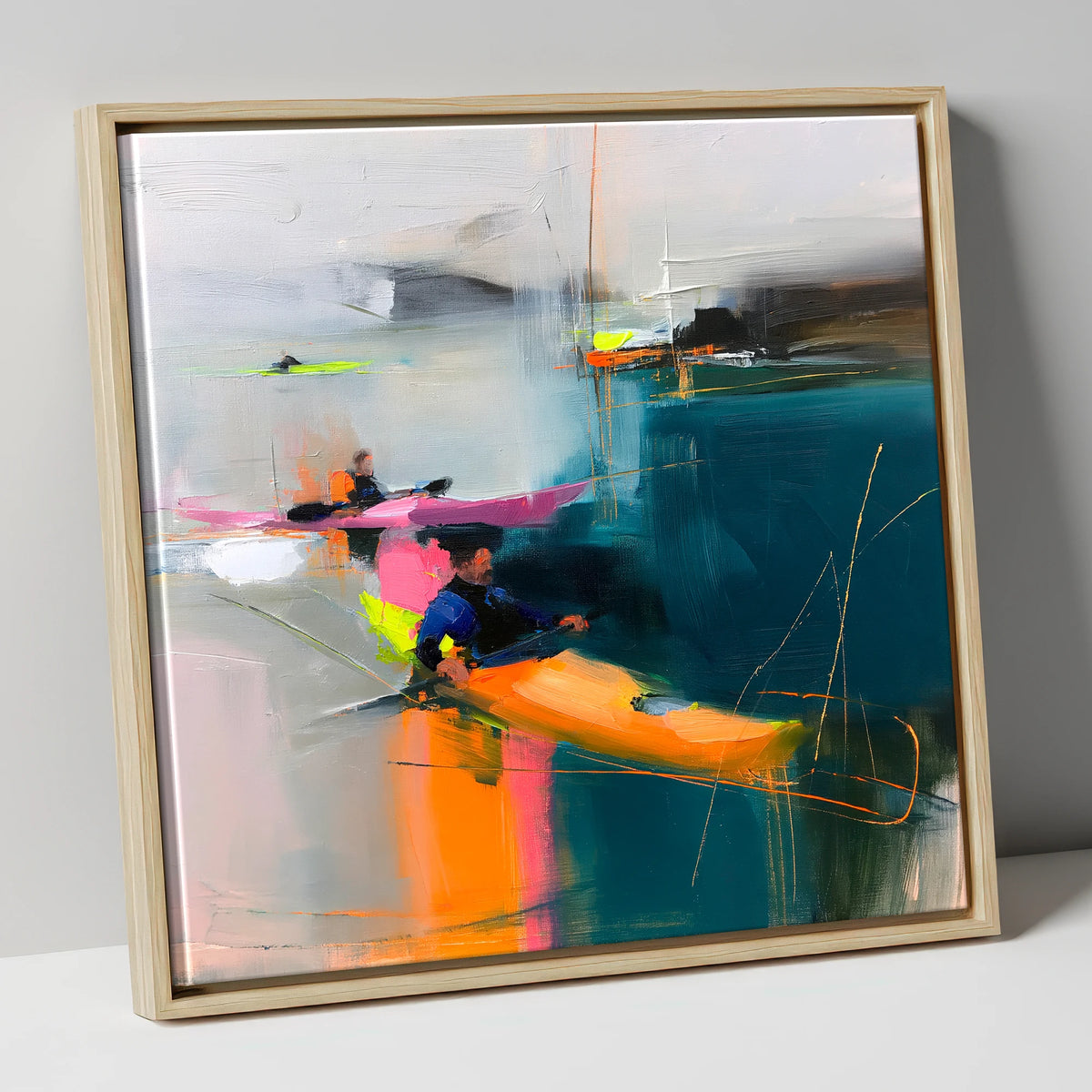 Vibrant Kayaks on Teal Water lake district walking canvas wall art in natural frame