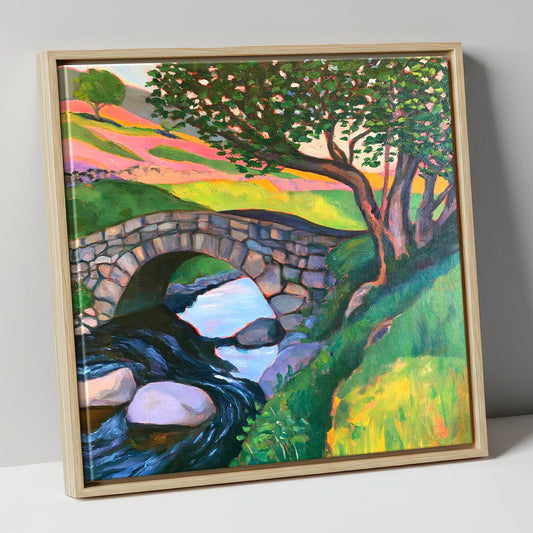 Stone Bridge Under Vibrant Fells lake district waterfall canvas wall art in natural frame