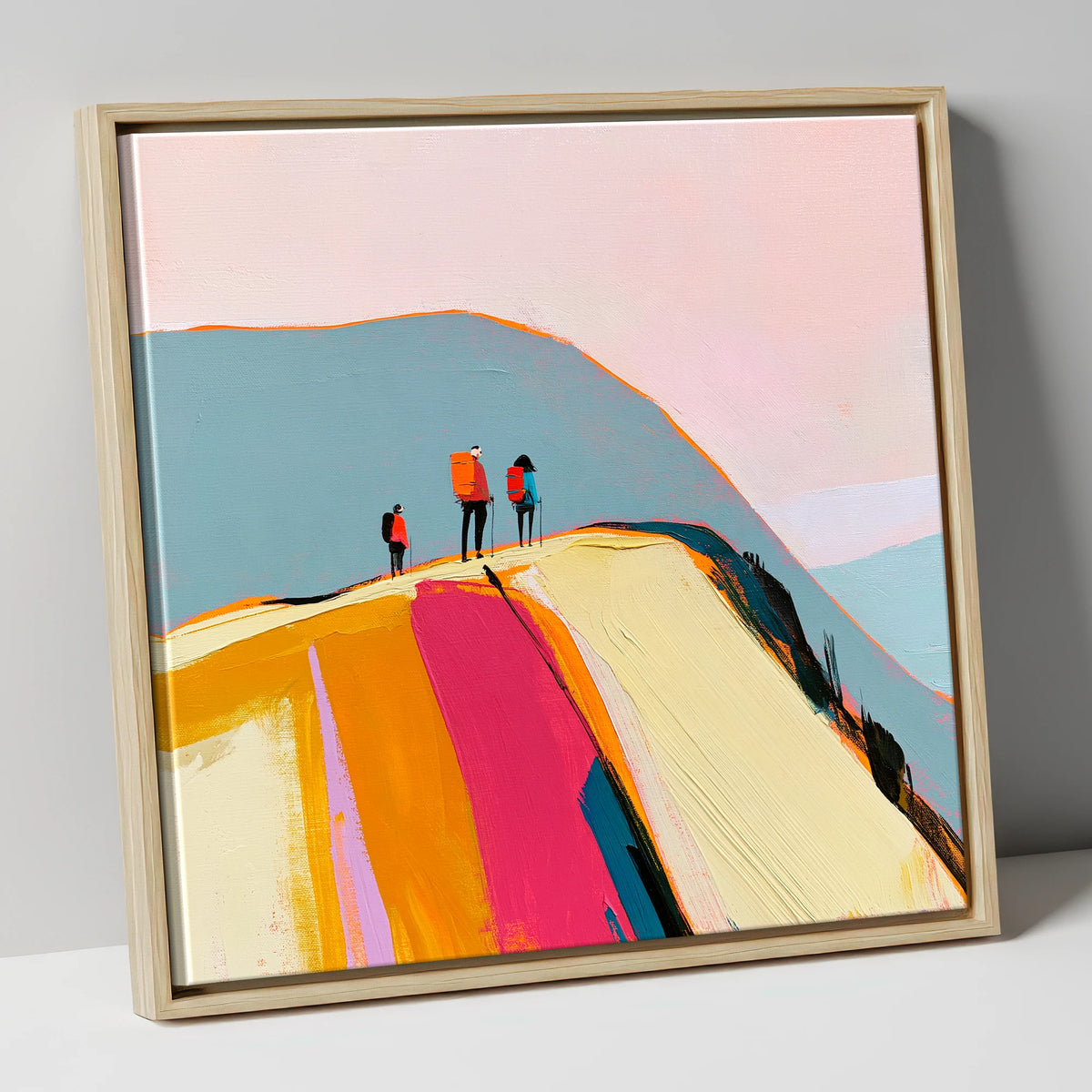 Vibrant Fell Top With Hikers lake district fell canvas wall art in natural frame