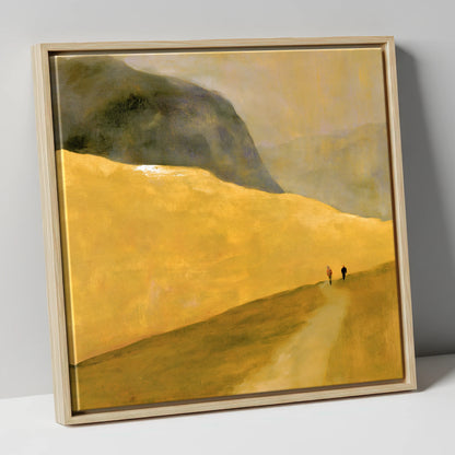 Walkers on a Golden Fell lake district walking canvas wall art in natural frame