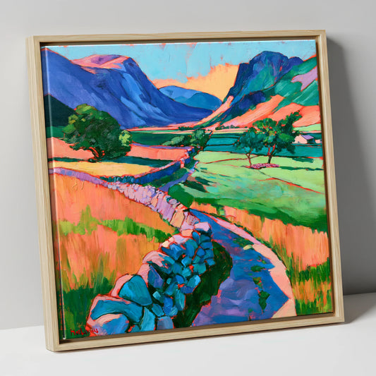 Drystone Wall through a Vibrant Valley lake district valley canvas wall art in natural frame