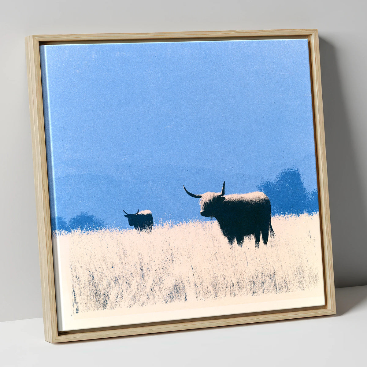 Highland Cattle Beneath Blue Skies lake district wildlife canvas wall art in natural frame