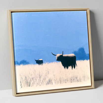 Highland Cattle Beneath Blue Skies lake district wildlife canvas wall art in natural frame