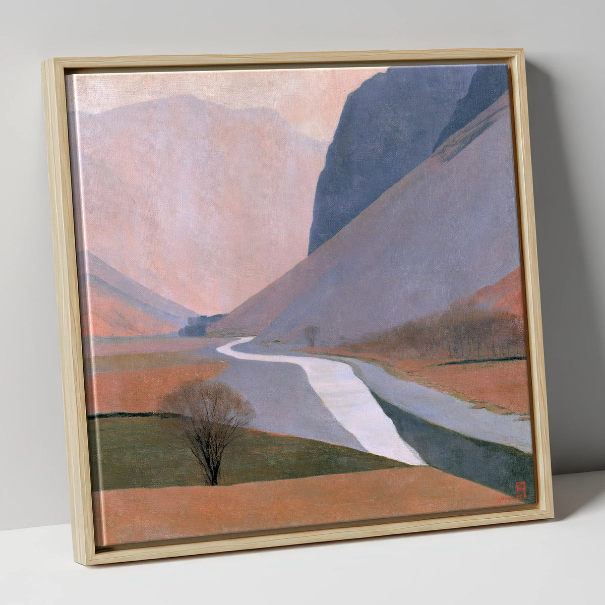 Winding River Beneath Slate Fells lake district waterfall canvas wall art in natural frame