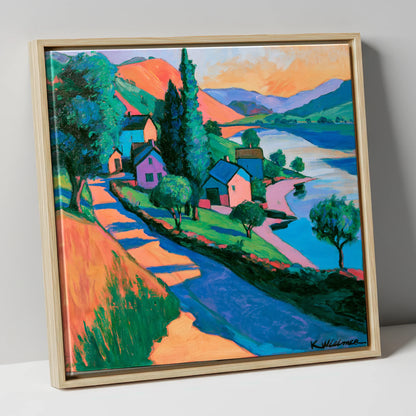 Vibrant Lakeside Village at Sunset lake district village canvas wall art in natural frame