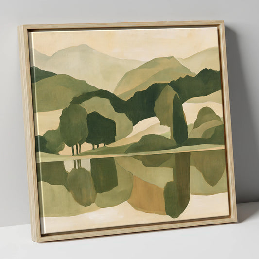 Olive Fells and Lake Reflection lake district lake canvas wall art in natural frame