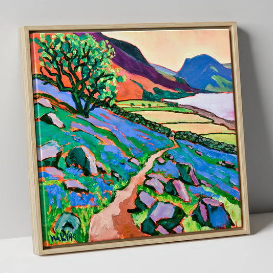 Vivid Rannerdale Bluebell Hillside lake district lake canvas wall art in natural frame