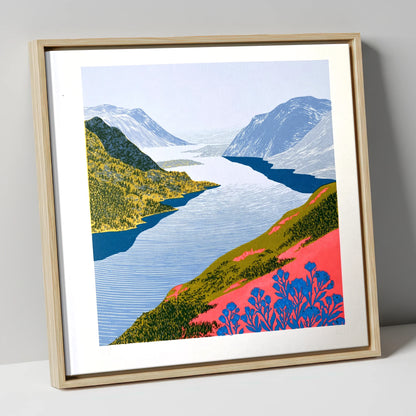 Graphic Lake And Fells In Coral lake district lake canvas wall art in natural frame