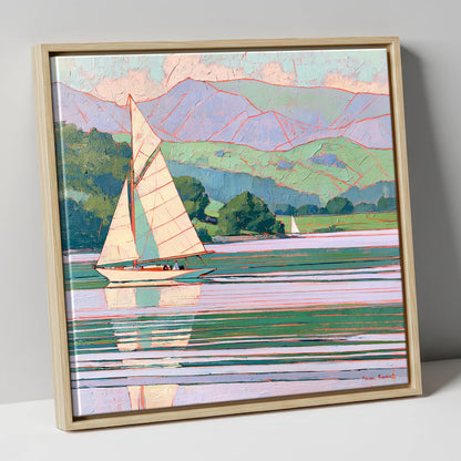 Breezy Sailing on Pastel Waters lake district walking canvas wall art in natural frame