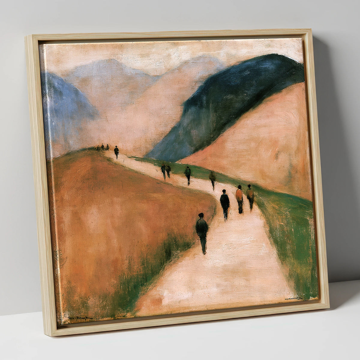 Walkers on an Earthy Mountain Path lake district walking canvas wall art in natural frame