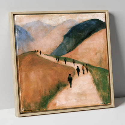 Walkers on an Earthy Mountain Path lake district walking canvas wall art in natural frame