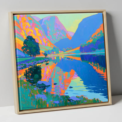 Vibrant Still Lake at Dawn lake district lake canvas wall art in natural frame