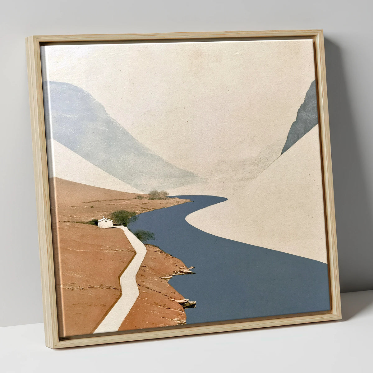 Winding Blue Lake and White Cottage lake district lake canvas wall art in natural frame