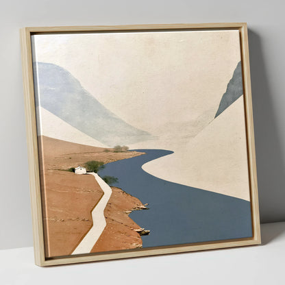 Winding Blue Lake and White Cottage lake district lake canvas wall art in natural frame