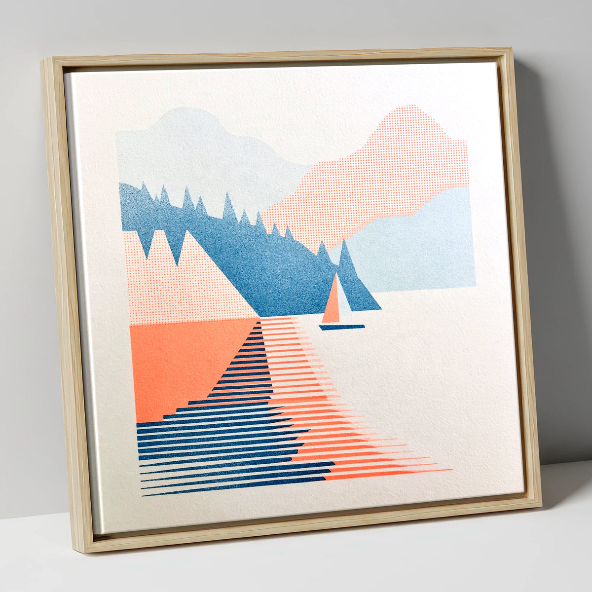 Geometric Sailboat on Windermere lake district lake canvas wall art in natural frame