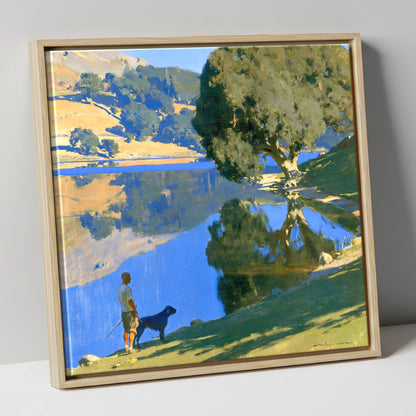 Sunlit Rydal Water Dog Walk gifts for dog walkers canvas wall art in natural frame