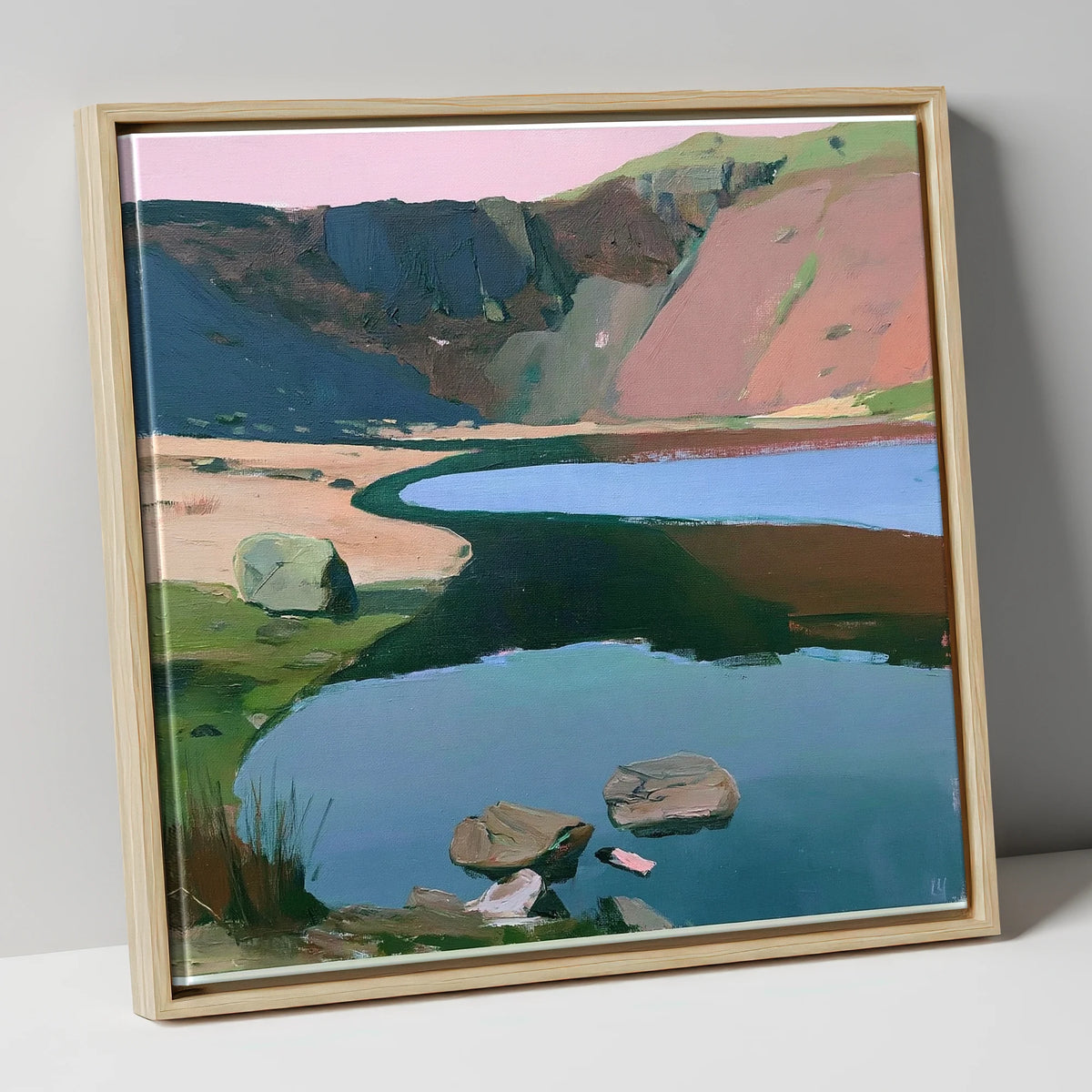 Blush Sky Over Easedale Tarn lake district lake canvas wall art in natural frame