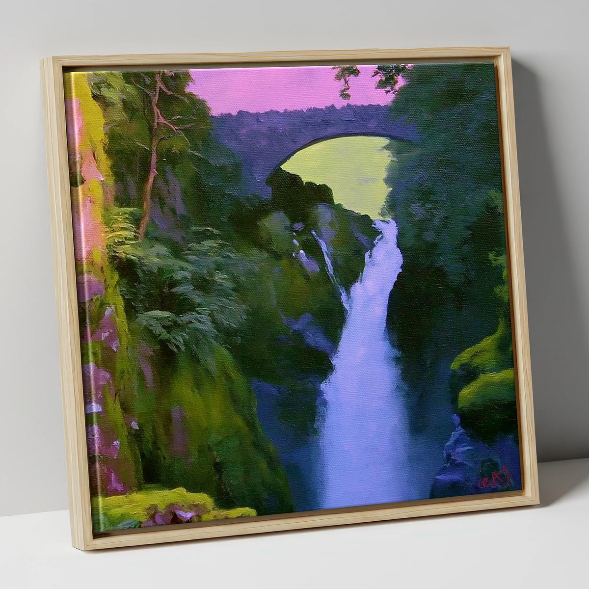 Aira Force Waterfall Magenta Sky lake district waterfall canvas wall art in natural frame