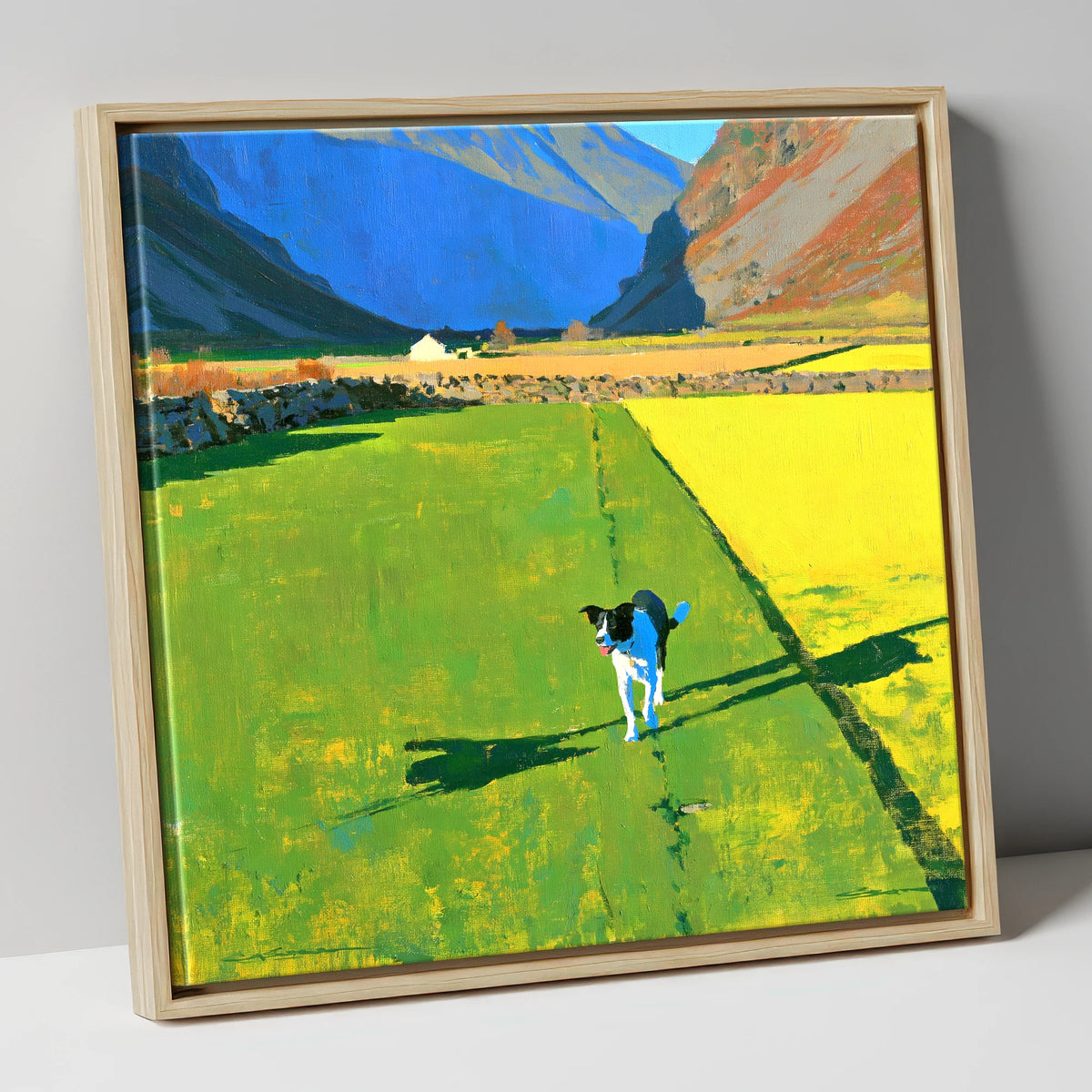 Sunlit Wasdale Valley Dog Walk gifts for dog walkers canvas wall art in natural frame