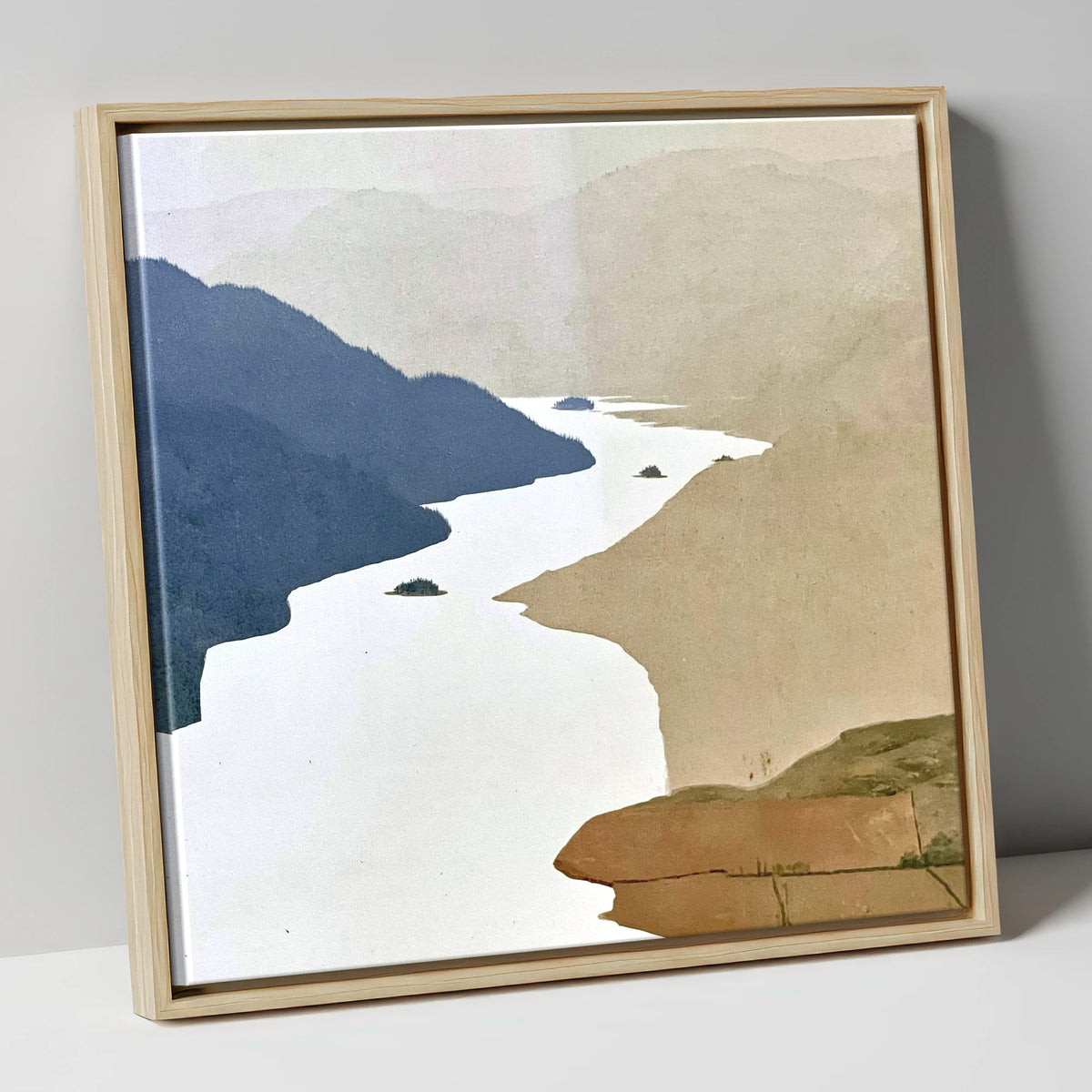 Winding Ullswater and Wooded Islands lake district lake canvas wall art in natural frame