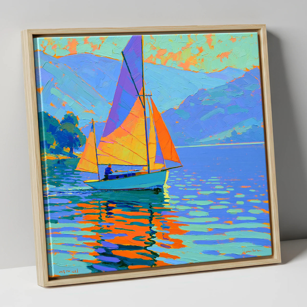 Vibrant Sails on a Breezy Lake lake district walking canvas wall art in natural frame